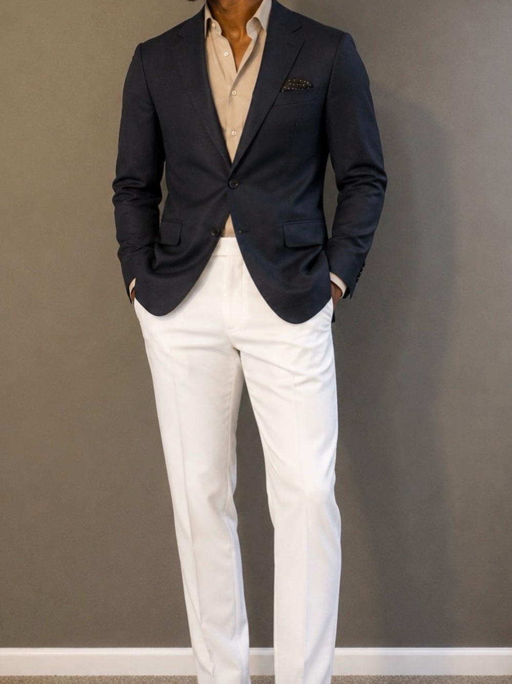 Express Navy Sport Coat with White Trousers
